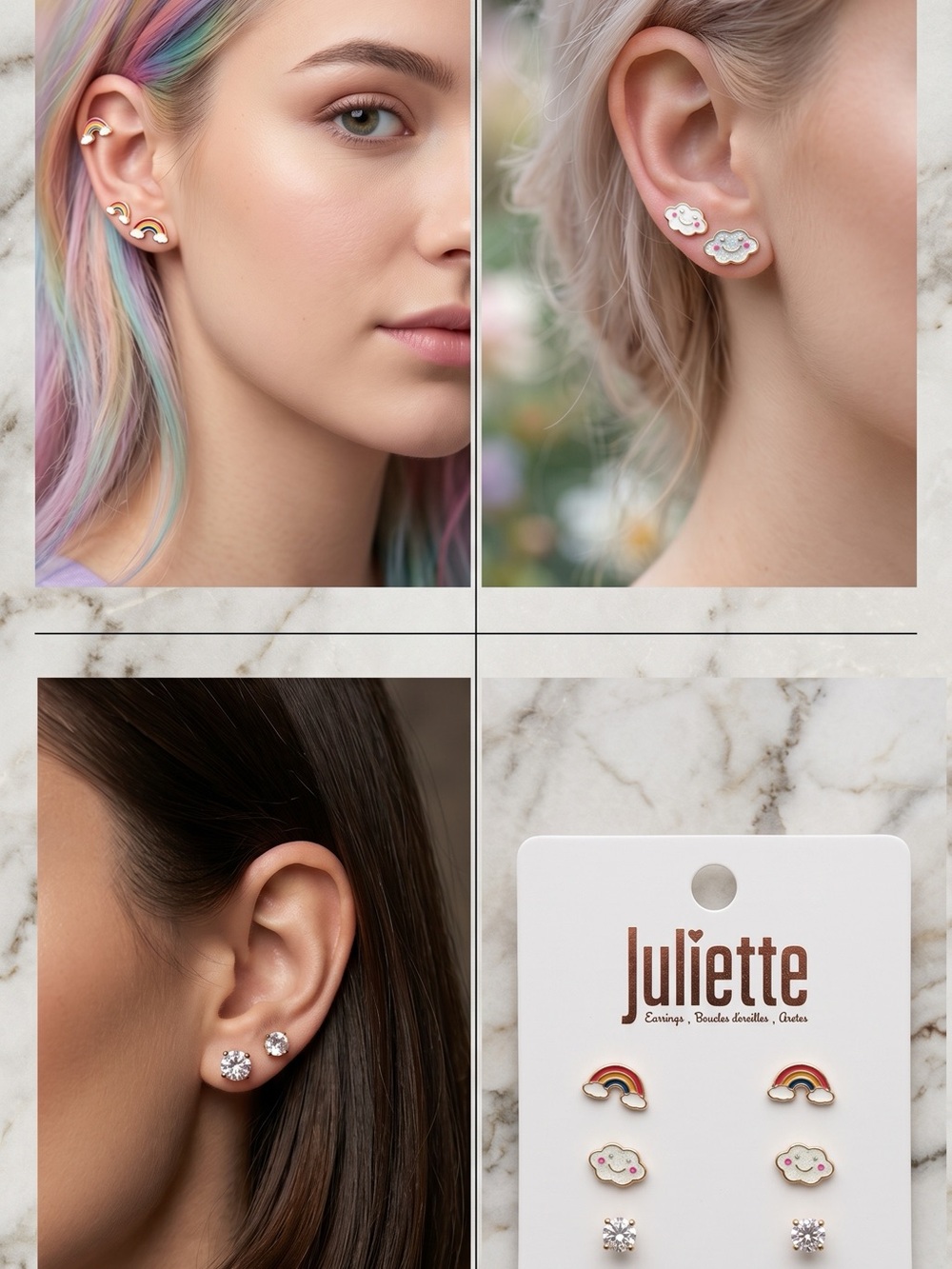 Women's Rainbow & Cloud Stud Earring Set - Gold & White